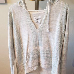 American Eagle Grey Terry Hoodie With Pocket and Turquoise Stitching